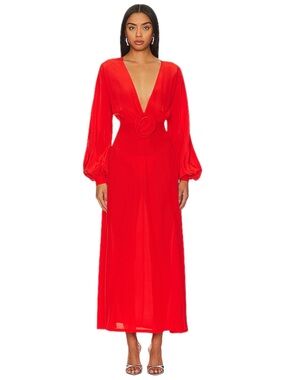 Mirae Nadia Silk Maxi Dress Red Plunge Rosette  Sz 38 FR/6 US $608 Revolve NEW